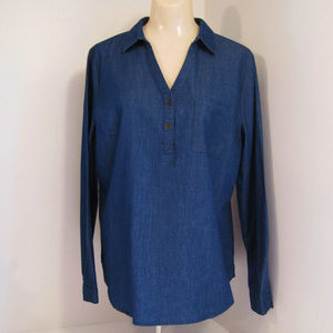 Allegra K-Blue V-Neck Top-Chambray Shirt Blouse-M